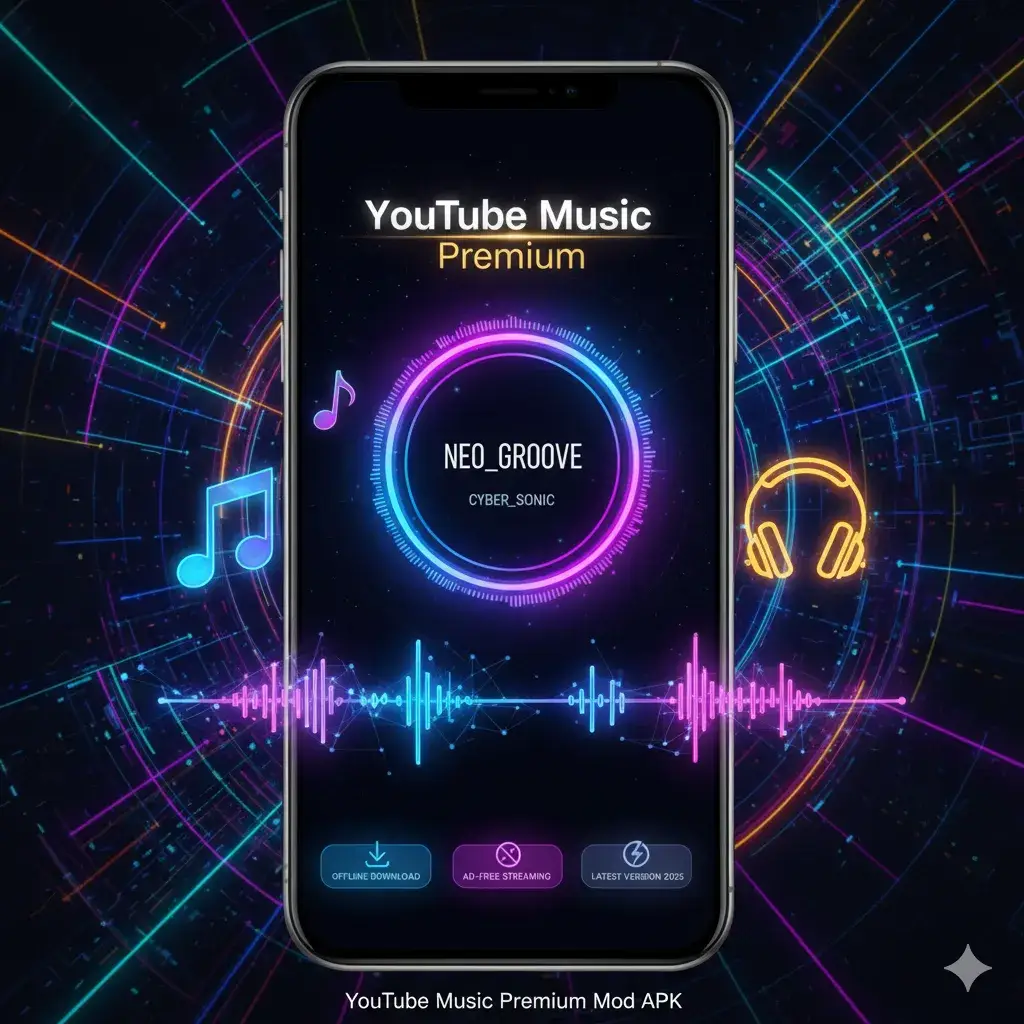 Smartphone screen showing YouTube Music Premium Mod APK 2025 latest version with offline downloads and ad-free streaming features.