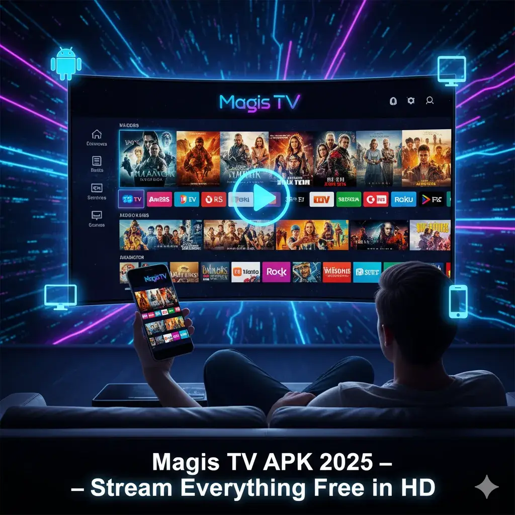 Person streaming HD movies on Magis TV APK app across Android, iPhone, and Smart TV.