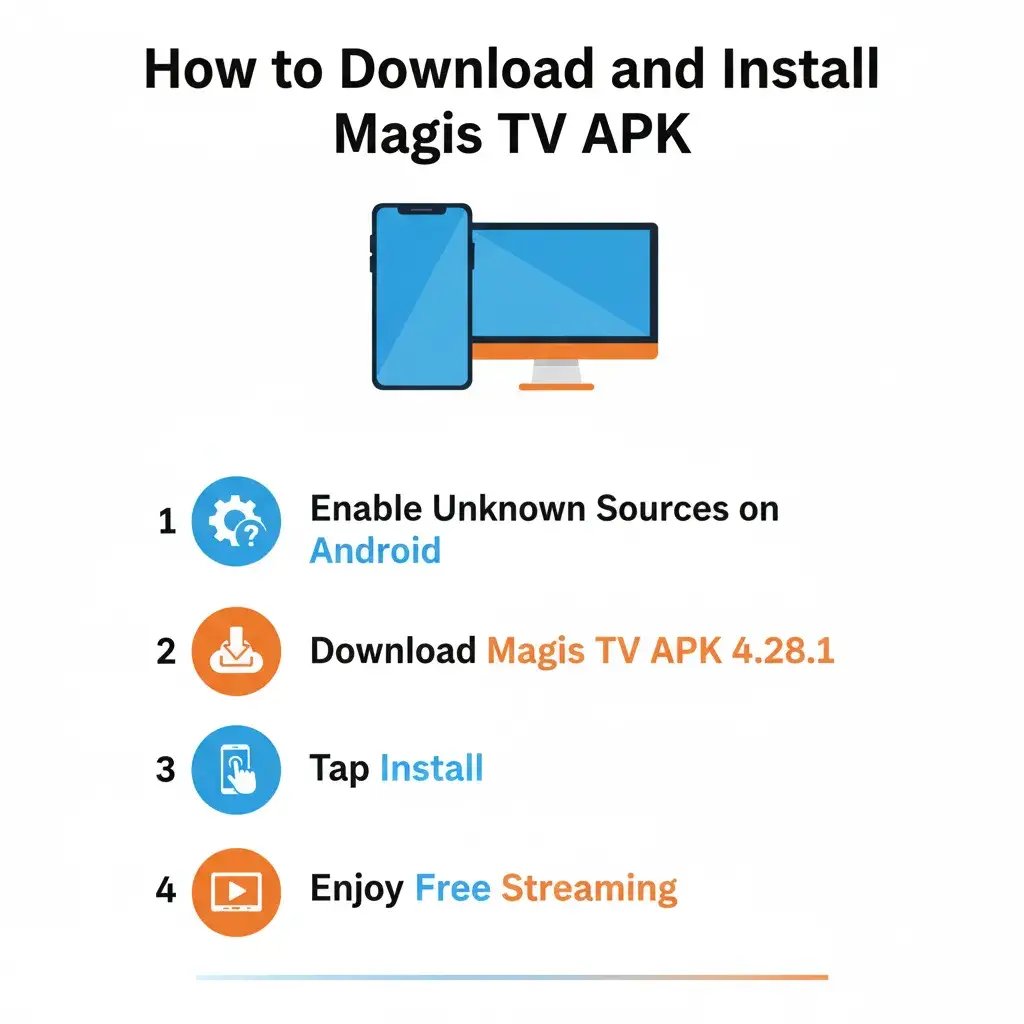 Step-by-step guide image showing how to download and install Magis TV APK on Android and PC.