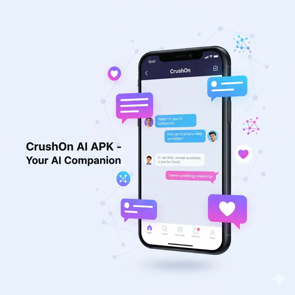 CrushOn AI APK download hero banner showing smartphone with AI chatbot interface and purple gradient background